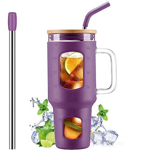 Glass Tumbler with Straw and Lid (Dark Purple / 40 Ounces)