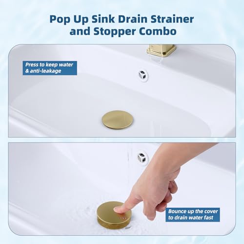 2 Pack Upgraded 3 in 1 Bathroom Sink Drain Strainer (Brushed Gold)