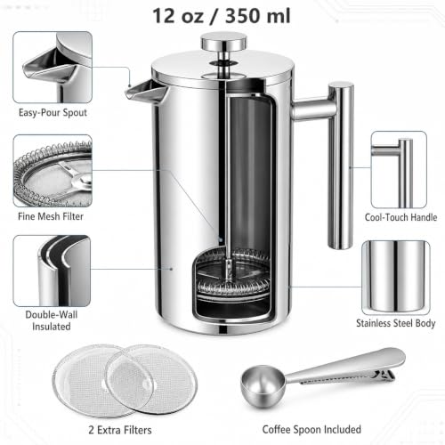 12 oz 350 ml Stainless Steel French Press Coffee Maker (12 oz / Silver)