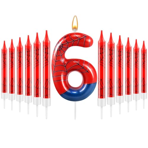 13 Pcs Spider Themed Birthday Candle Set Red Spider Theme Number 6 Candle Cake Topper for Boys Girls Birthday Decoration Spider Party Decoration Supplies (13 Count)