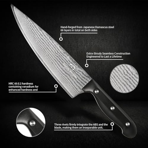 9 Piece Japanese Damascus Kitchen Knife Set with Block (Black/Black / 9 Pieces)