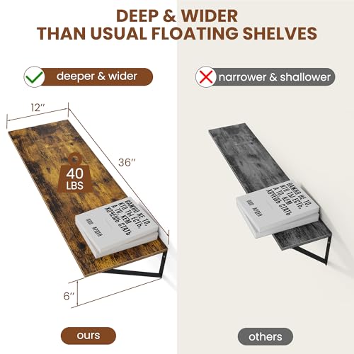 36W x 12D Deep Floating Shelves Set of 2 Rustic Brown (Rustic Brown With Black Metal Bracket / 36wx12dx5.8h)