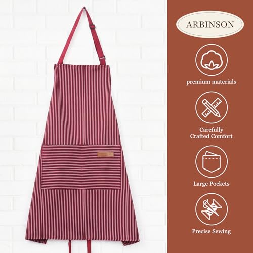 2 Pack Cooking Aprons Adjustable Bib Apron for Women with 2 Pockets (Wine Pinstripes)