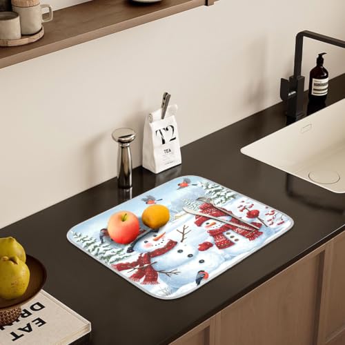 Winter Christmas Snowman Dish Drying Mat for Kitchen Counter Absorbent Microfiber Large Drying Pad Dish Mats Snowflakes for Kitchen Countertops 18 x 24 Inch (Christmas Snowman / 24" x 18")