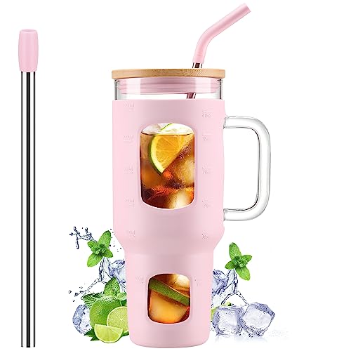 Glass Tumbler with Straw and Lid (Pink / 40 Ounces)