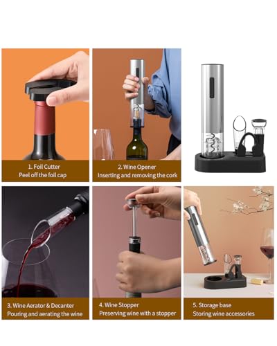 5-in-1 Electric Wine Opener Set Rechargeable Stainless Steel Automatic Corkscrew Wine Bottle Opener Set with Foil Cutter, Wine Aerator Pourer, Vacuum Wine Stopper and Storage Base, Silver