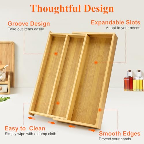 Large Bamboo Kitchen Utensil Drawer Organizer Expandable Silverware Tray ((8"-12.6")x 15.7" / Bamboo)