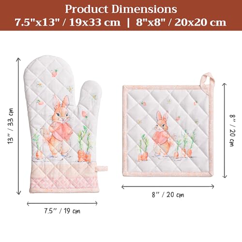 100% Cotton Oven Mitt & Pot Holder Set (013 - Bunny Party / 7.5" x 13" & 8" x 8" (Oven Mitt & Pot Holder))