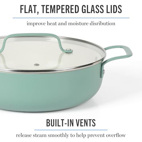 Emmeline Premium Nonstick PFA Free Ceramic Interior 12 Piece Heavy Gauge Enamel Aluminum Pots and Pans Cookware Set (12-Piece Cookware Set / Teal)