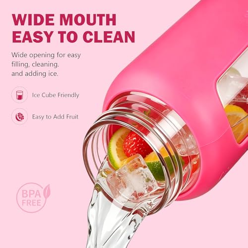 32 oz Glass Water Bottle with Straw and 2 Lids (Rose Red / 32 Ounces)