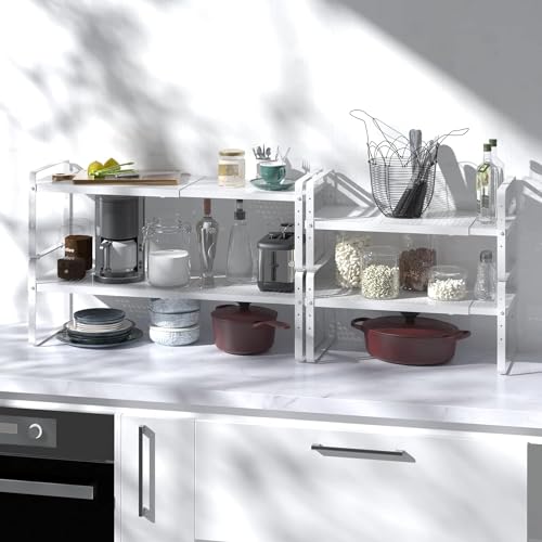 Expandable Cabinet Shelf Organizer Adjustable Metal Spice Rack Stackable Freestanding Counter Storage Shelves for Kitchen Cabinet Under Sink Office Desk (3 Count)
