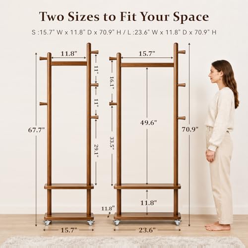 Small Clothes Rack Solid Wood Coat Rack Freestanding with Wheels