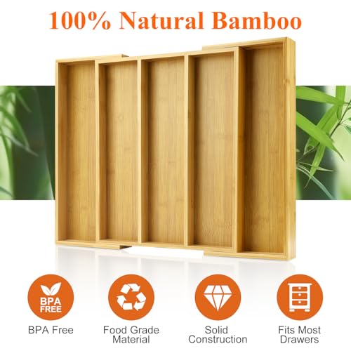 Expandable Bamboo Silverware Drawer Organizer Large Kitchen Utensils Tray ((12.6"-21")x 15.7" / Bamboo)