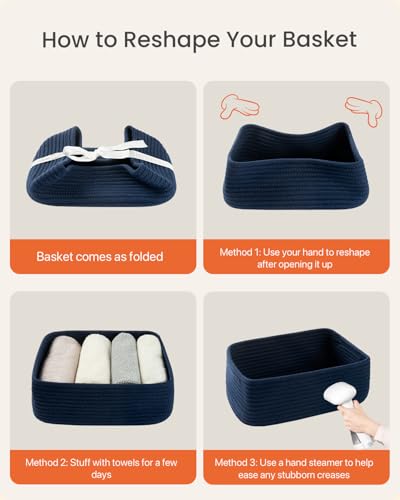Small Woven Storage Basket for Organizing (Navy Blue / 12"L x 8"W x 4.5"H)