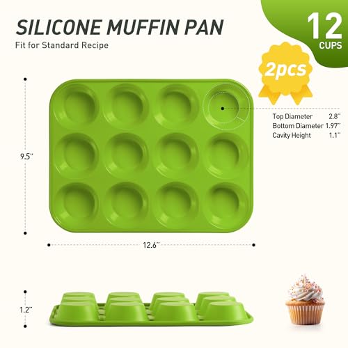 2 Pack 12 Cups Silicone Muffin Pan with Metal Reinforced Frame Regular Size Silicone Molds Cupcake Cake Baking Pans Cookie Baking Chocoflan Cupcake Mold Kitchen Baking Mold Tools for Cooking (2pc: 12-Cup Regular / Green)