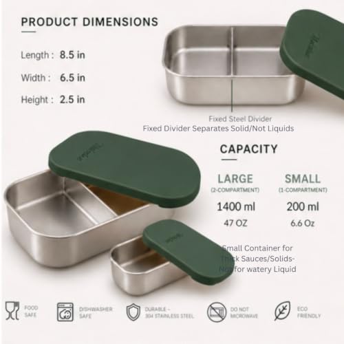 Flexibento 47 OZ Leak proof Stainless Steel Lunch Box Containers with Silicone Lids (ZB-ForestGreen-47OZ-Setof2)