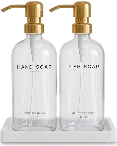 Luxury Glass Hand and Dish Soap Dispenser Set by Brighter Barns (Clear/Gold Hd)