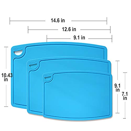Silicone Thick Cutting Boards Mats Set of 3pcs Foldable & Flexible Design Juice Grooves Easy Grip Handle Dishwasher Safe for Kitchen (9.1"L x 7.1"W, 12.6"L x 9.1"W & 14.6"L x 10.4"W / Blue)