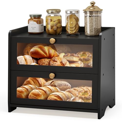 Double Layer Bread Box Container for Kitchen Countertop Homemade Bread (Black / 2 Tier-Medim)