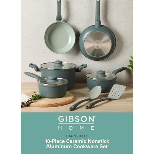 Barnsdall 10 Piece Premium PFA Free Ceramic Nonstick Pots and Pans Aluminum Induction Cookware Set W (8 & 9.5 Inches / Sage Green)