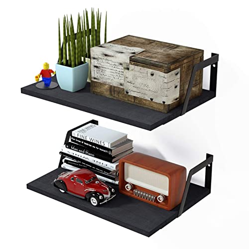 Floating Shelves Wall Mounted Set of 2 Rustic Wood Shelves with Large Capacity (Black)