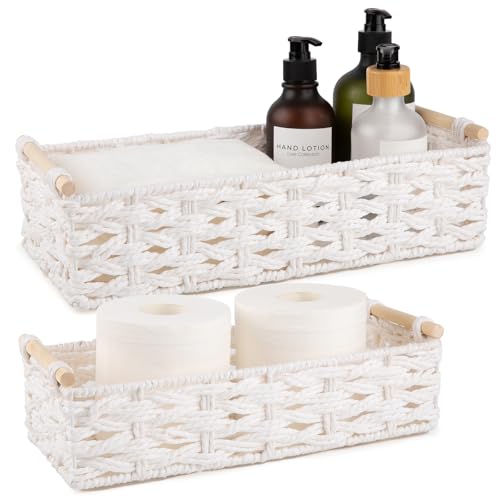 Toilet Paper Baskets Handmade Paper Rope Decorative Wicker Storage Tank Shelf Cabinet Organizer for Bathroom Home (White)