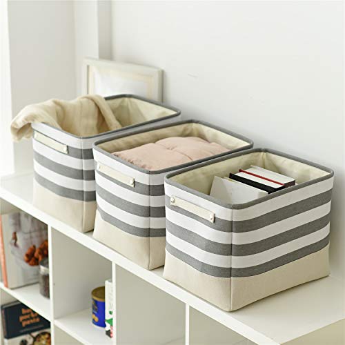 Extra Large Cube Storage Bins Baskets for Organizing (Grey&White Stripes / 3PCS/Large Cube - 16L×12W×12H)