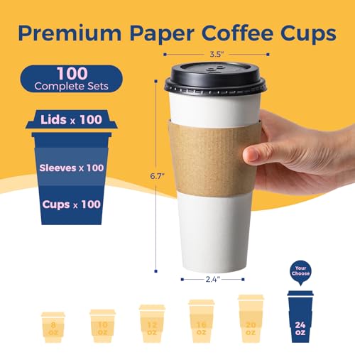 24 oz 100 Pack To Go Coffee Cups with Lids and Sleeves (24 oz)