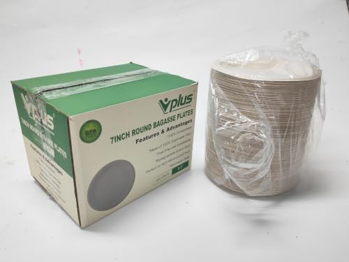 200 Pack Compostable Bagasse Paper Plates 6.9 inch (1 Compartment 7 inch Nature)