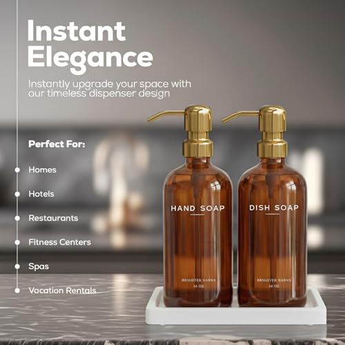 Luxury Glass Hand and Dish Soap Dispenser Set with Tray by Brighter Barns (Amber/Gold Hd)