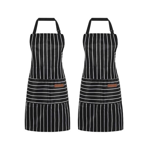2 Pack Cooking Aprons Adjustable Bib Apron for Women with 2 Pockets (Black/Black Stripes)