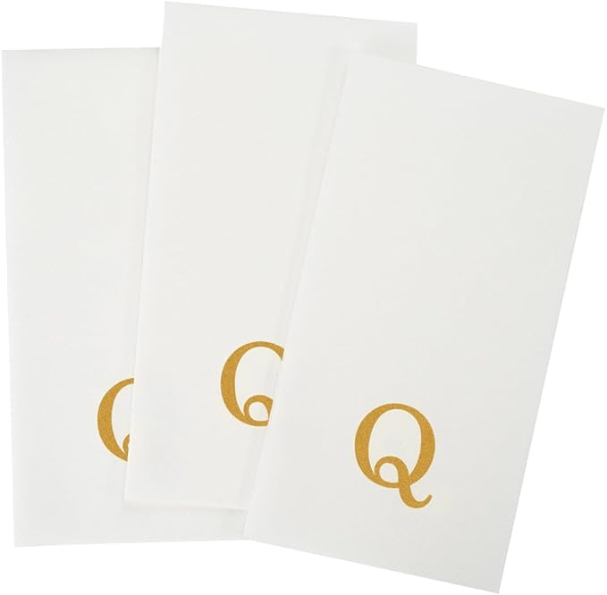 Luxenap 15.8 X 7.9 Inch Linen-Feel Guest Towels, 2000 Lettered Hand Towels - Gold Letter 'Q', Sans Serif Font, White Paper Dinner Napkins, airlaid, For Restrooms And Tables