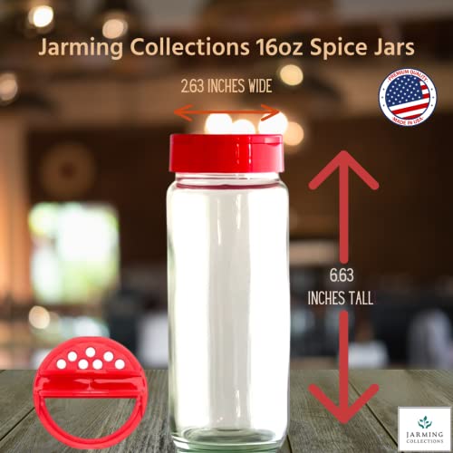 Glass Spice Jars with Shaker Lids (Tall Spice 16oz Red 7 Holes Set of 3)