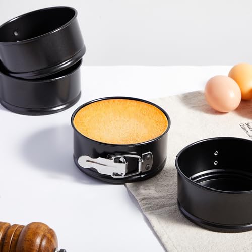 4 Pcs 4 Inch Non Stick Springform Pan with Removable Bottom Carbon Steel Round Springform Cheesecake Pan with Stainless Steel Spring Buckles for Baking Kitchens Restaurant (Black / 4 Inch)