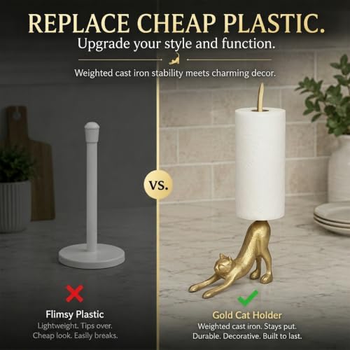 Gold Cat Paper Towel Holder & Metal Toilet Paper Holder Stand (Gold Cat)