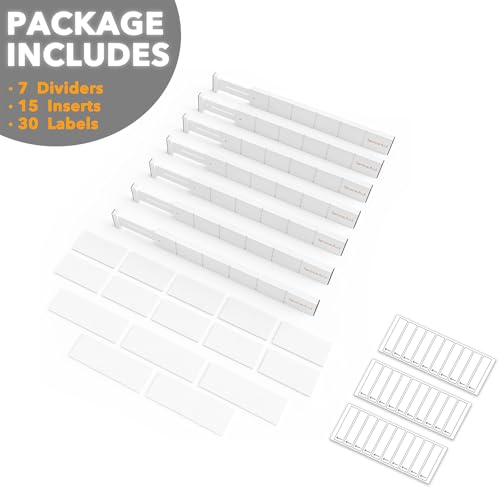 Bamboo Drawer Dividers with Inserts and Labels (2.35''H, 17''-22''L, 7 Dividers / WHITE)