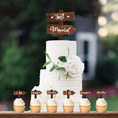 Rustic Wedding Cake Decoration Set Just Married Cake Topper & 12 PCS Wedding Cupcake Toppers in Wood (Set)