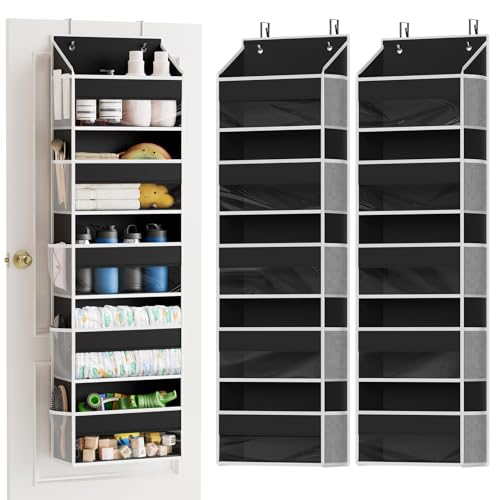 2 Pack Over The Door Organizer with 5 Large Pockets and 10 Mesh Side Pockets (2 Pack / Black)