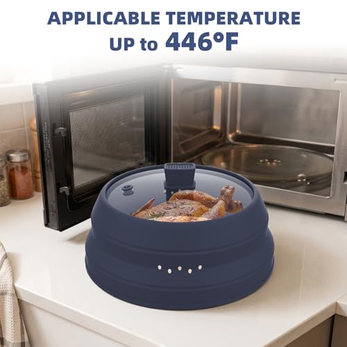 Tall Microwave Splatter Cover Glass Cover Guard Lid 6 inch Height with Collapsible Silicone for Food Pot Plate 12.5 inch Dark Blue (DARK BLUE / Taller style 12.5 inch)