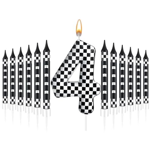 13 Pcs Racing Cars Themed Birthday Candles Black and White Race Number 4 Checkered Candle Cake Topper for Racing Car Party Decoration Supplies (13 Count)