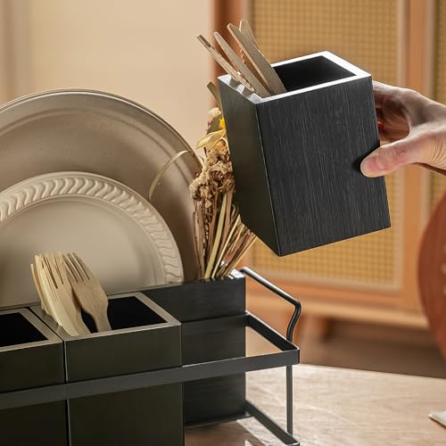 Silverware Caddy Black Wood Silverware Holder Paper Plate Dispenser