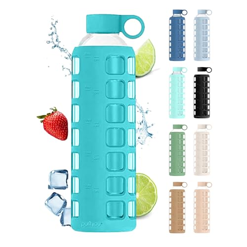 40oz / 32oz / 22oz / 12oz Borosilicate Glass Water Bottle with Time & Volume Markers, Silicone Sleeve, Stainless Steel Lid | Reusable Glass Bottle for Water & Juice (32oz Aqua Blue) (Aqua Blue (1 Count) / 32 Ounces)