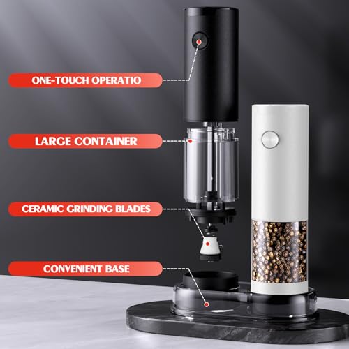 Electric Salt and Pepper Grinder Set Automatic Grinder for Kitchen Battery Pepper Mill Shakers Adjustable Coarseness Upgraded Larger Capacity with Led Gifts for Mom (BlackWhite)