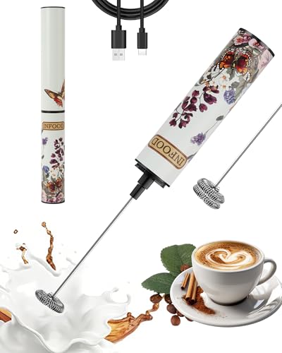 Rechargeable Milk Frother with Cover (White Floral Design)