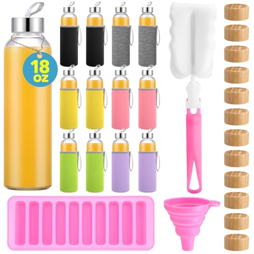12 Pcs 18 oz Glass Water Bottles Glass Juice Bottles with Protection Sleeves