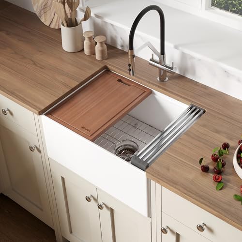 24 in White Fireclay Farmhouse Workstation Sink (24 Inch - Workstation - Single Bowl)