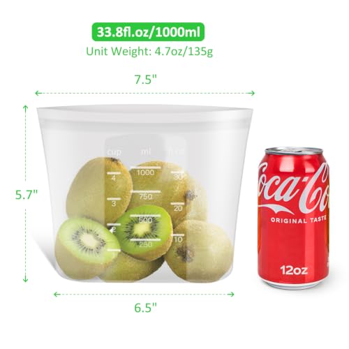 100% Platinum Silicone Reusable Food Storage Bags (Clear | 34oz | 4 Pack)