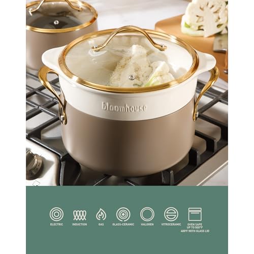 Pots and Pans Set (Cappuccino Cream w/ Gold Handle / 8-Piece Cookware Set)