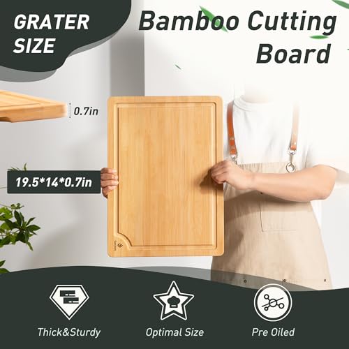 Extra Large Bamboo Board Charcuterie Non Slip Feet Over Sink Wooden Cutting Chopping Board Butcher Block Nice Solid Thick Juice Groove Big Xl XXl xlarge Hardwood Kitchen Counter Organic Meat BBQ Kit (1 Pack / Natural)