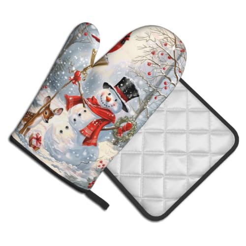 Winter Snowman Oven Mitts and Pot Holder Set of 2 Red Bird Berry Decorative Oven Gloves Heat Resistant Kitchen Hot Pads for Baking Cooking (Winter Snowman Deer)